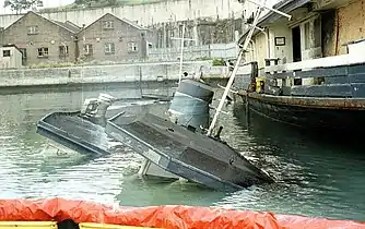 Sunken at her mooring alongside Karrabee, Pyrmont circa 1985 or 86