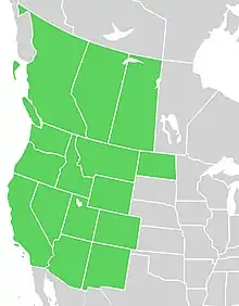 Symphyotrichum ascendens distribution map: Canada — Alberta, British Columbia, and Saskatchewan; Canada — Arizona, California, Colorado, Idaho, Montana, Nevada, New Mexico, North Dakota, Oregon, Utah, Washington, and Wyoming.