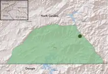 Symphyotrichum rhiannon native distribution map. Species is endemic to the Buck Creek Serpentine Barrens in Clay County, North Carolina. Map source: USDA, NRCS PLANTS Database with additional information from Kauffman, G.L.; Nesom, G.L.; Weakley, A.S.; Govus, T.E.; Cotterman, L.M. (2004). "A new species of Symphyotrichum (Asteraceae: Astereae) from a serpentine barren in western North Carolina". SIDA, Contributions to Botany. 21: 827–839. ISSN 0036-1488. Retrieved 8 September 2021 – via Biodiversity Heritage Library.