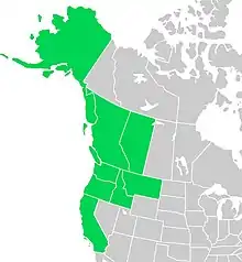 Symphyotrichum subspicatum distribution map: Canada — Alberta and British Columbia; US — Alaska, California, Idaho, Montana, Oregon, and Washington.