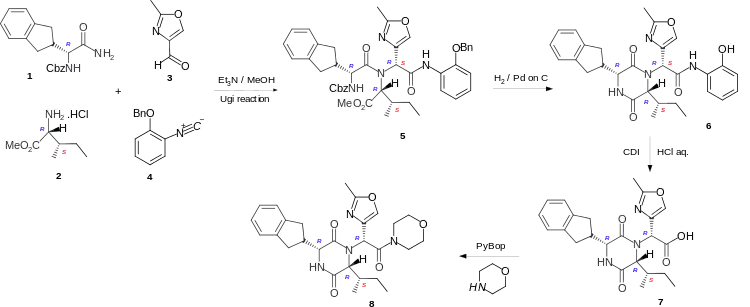 A synthetic scheme for the production of Retosiban via the Ugi reaction.