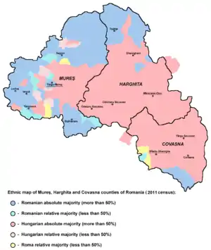 Ethnic map of Harghita, Covasna, and Mureș based on the 2011 data, showing areas with Hungarian majority