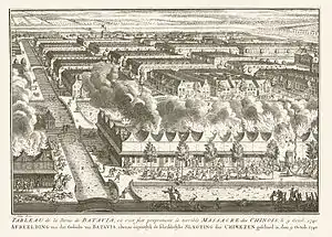 Bird's eye view of part of the city of Batavia where there is fighting while houses stand in flames in the foreground at the time of the massacre of the Chinese in 1740.