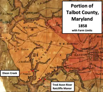 map showing Hollyday farm along Tred Avon River and Dixon Creek