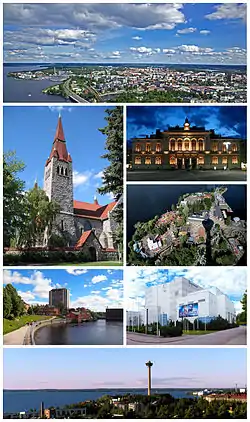 Clockwise from top: the cityscape (viewed from Näsinneula); Tampere City Hall; Särkänniemi (from Näsinneula); Tampere Hall; the skyline with Näsinneula; Tammerkoski from Hämeensilta Bridge; and the Cathedral.