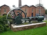 Tangye single-cylinder horizontal steam engine from 1890, at Broomy Hill Waterworks Museum.