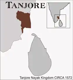 Approximate extent of the  Thanjavur Nayak Kingdom, c. 1572