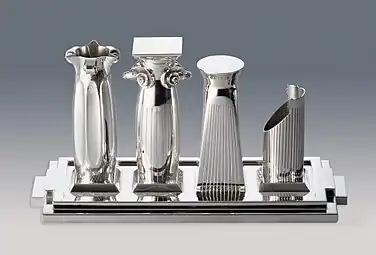 Tea and coffee piazza set; by Charles Jencks; 1983; silver; unknown dimensions; unknown location