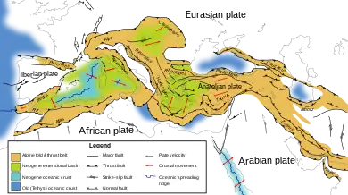 Image 24Tectonic map of southern Europe and the Middle East, showing tectonic structures of the western Alpide mountain belt (from Alpine orogeny)