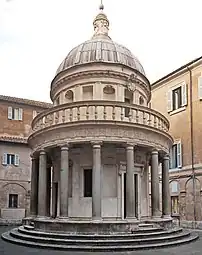 Renaissance Doric columns and entablature of The Tempietto, San Pietro in Montorio, Rome, by Donato Bramante, 1502