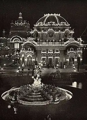 Nighttime photo of electrified Temple of Music.