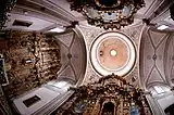 Altarpiece and lateral reredos in the Church of Santa Rosa de Lima in Morelia, Mexico, built in the late 18th century.