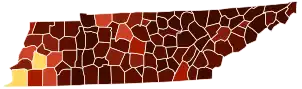 Image 25Map of counties in Tennessee by racial plurality, per the 2020 U.S. census
Legend

 

Non-Hispanic White  50–60%  60–70%  70–80%  80–90%  90%+
Black or African American  50–60% 

 (from Tennessee)