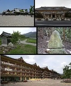 Top left: View of Headquarter in Tenri religious community, Top right: Tenri religious school, Middle left: View of a point of side of mount Miwa road, Middle right: Stone site in Ryuo Mount Castle, Bottom: Tenri Reference Museum