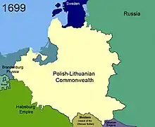 The Polish–Lithuanian Commonwealth in 1699, after the treaty. Note the Ottoman loss of territory at the bottom of the map.