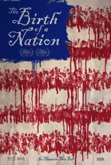 The red stripes on the American flag consist entirely of painted figures of slaves and slave owners parallel to each other, running and wielding weapons, and the film's title replaces the white stars on top of the blue corner.