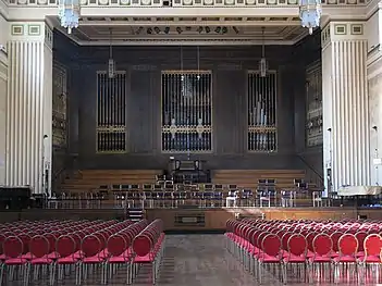 The stage with its built-in pipe organ