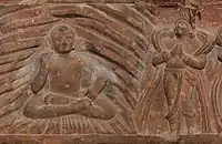 The Buddha attended by Indra at Indrasala Cave, Mathura 50-100 CE.