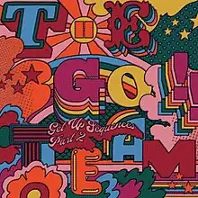 A colorful illustration spelling out the band name and album title over stars and clouds