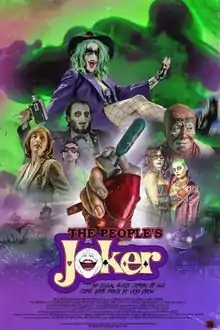 The Joker dancing, surrounded by a cloud of green smoke and faces of other characters in the film, an inhaler gripped by a gloved hand is in front of them all