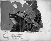 Cel from The Sinking of the Lusitania. Smoke billows from the sinking RMS Lusitania.