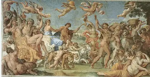 Triumph of Bacchus and Adriane (part of The Loves of the Gods); by Annibale Carracci; c.1597–1600; fresco; length (gallery): 20.2 m; Palazzo Farnese, Rome