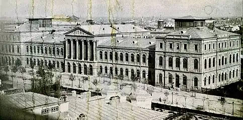 The old building of the University of Bucharest, designed by Alexandru Orăscu and decorated with sculptures by Karl Storck, 1857–1864, bombarded in April or May 1944 during WW2 and partially destroyed, partially rebuilt during the late 1960s