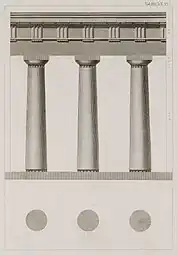 Ancient Greek Doric columns of the Temple of the Delians, Delos, Greece, fluted only at the top and bottom of the shaft, 5th century BC