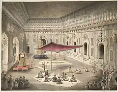 The simple grave of Asaf ud-Daula under a canopy inside the Bara Imambara; a watercolor by Seeta Ram, c. 1814–15.