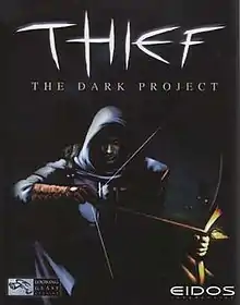 In a dark area, a cloaked man holds a bow and pulls back on a notched, glowing arrow. Above him, the word "THIEF" is jaggedly written. Between the two are smaller, cleaner letters that read "THE DARK PROJECT".