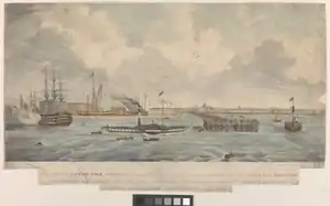 The southern part of the rebuilt Dockyard as seen from the river, c.1835: (l-r) part of the Dockyard Offices, the Victualling Store, Quadrangle Storehouse, covered No.2 Dock, Working Mast House, the new Town Pier, Blue Town.