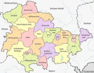 Map of Thuringia showing the boundaries of the districts