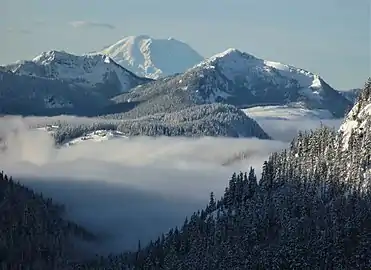 Tinkham Peak (left), Mt. Rainier, Silver Peak seen from Red Mountain