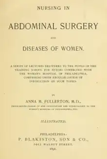 The title page of a textbook, Nursing in Abdominal Surgery and Diseases of Women by Anna M. Fullerton, M. D., published in 1891 by P. Blakiston, Son, & Co., Philadelphia.