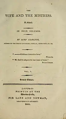 Title page of Mary Charlton's The Wife and the Mistress