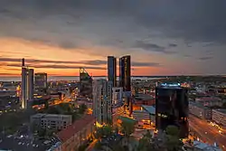 aerial view of high rises at sunset