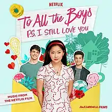 A light blue background covered in clip art featuring hearts, a treehouse, and the three main characters to the 2020 American film To All the Boys: P.S. I Still Love You, among other objects; the image also displays the Netflix logo and the name of the soundtrack.