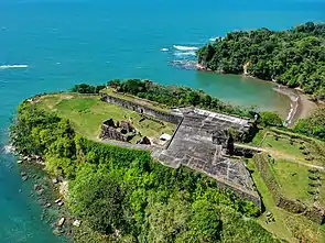 Ruins of a fortress near the shore, view from above