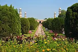 The exterior view of the Mausoleum of Emperor Jahangir, located in Punjab, Pakistan