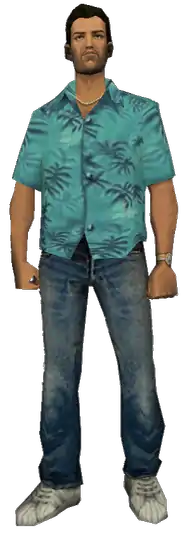 A computer generated image of a brown haired man. He wears a blue shirt with dark blue trees as the design, blue jeans and white sneakers.