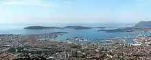 View of downtown Toulon and Mediterranean Sea from Mount Faron