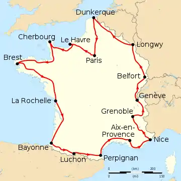 Map of France with the route of the 1913 Tour de France