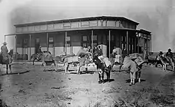 A pack train of burros in front of the bank in Arkalon (circa 1880–1899)