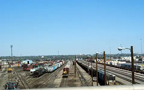 A typical U.S. classification yard in Denver, Colorado. Intermodal terminal is on the right