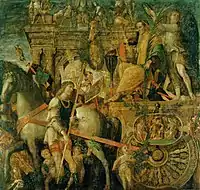 Julius Caesar in his truiumphal car, in one of the nine scenes of the Triumphs of Caesar by Andrea Mantegna (by 1492)