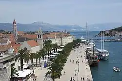 Coastal town with a palm tree promenade and houses with red roofs.