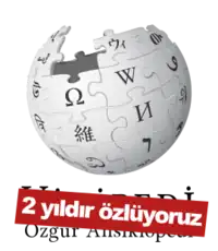 Turkish Wikipedia logo displayed after the two-year anniversary of the ban, with the message "2 yıldır özlüyoruz" (English: "missing you for two years") (2019)