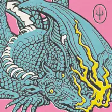 A light blue dragon with yellow eyes and flames against a pink background, containing a psi symbol.