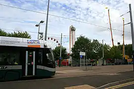 A tram at the stop during the Goose Fair