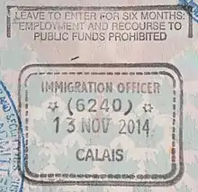 British entry stamp issued by the UK Border Force at the Port of Calais.